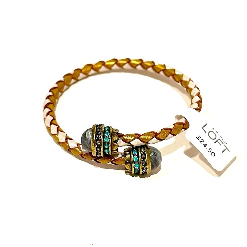 LOFT | Lilly Bronze Leather Braided Bangle w Jade & Crystal Ends | NWT